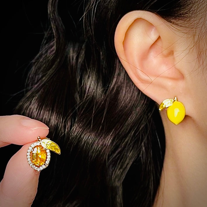Sweet Asymmetrical Lemon Enamel Zirconia Earrings