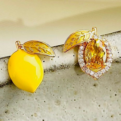 Sweet Asymmetrical Lemon Enamel Zirconia Earrings