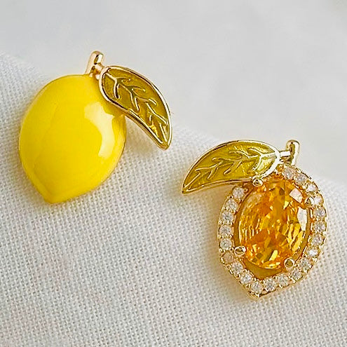Sweet Asymmetrical Lemon Enamel Zirconia Earrings