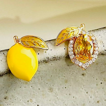 Sweet Asymmetrical Lemon Enamel Zirconia Earrings