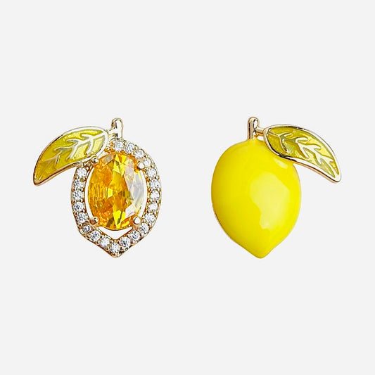 Sweet Asymmetrical Lemon Enamel Zirconia Earrings